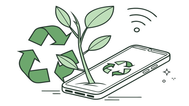 Mobile phone with recycling symbol, green plant and arrows representing sustainable technology, eco friendly innovation and electronic recycling