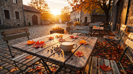 Obraz premium Empty autumn outdoor cafe terrace with a single latte on a wooden table, golden sunset light is perfect for National Coffee Day travel posters