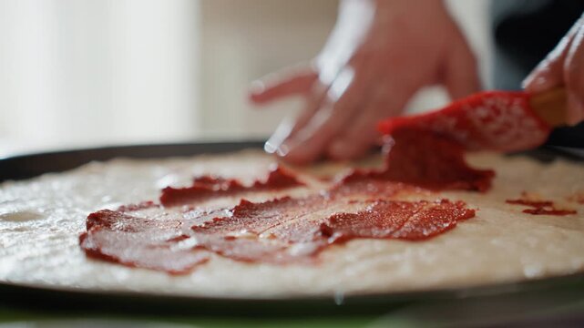 Close view shows hands using small red spatula to smooth sauce over dough with steady strokes, forming uneven layers, streaks, ridges, glossy patches, and lively kitchen action, with hand, sauce