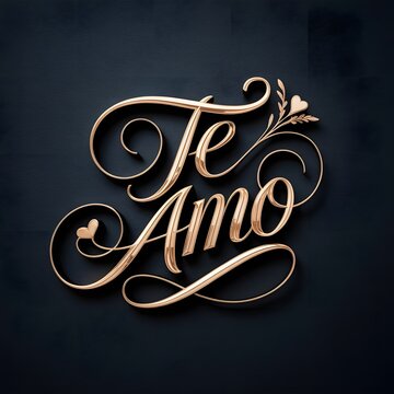 Elegant gold cursive 'Te Amo' embroidered on dark fabric for romantic design projects spanish phrase for Love you  Eu te amo mucho for , Feliz dia del Amor, dia de san valentin, 