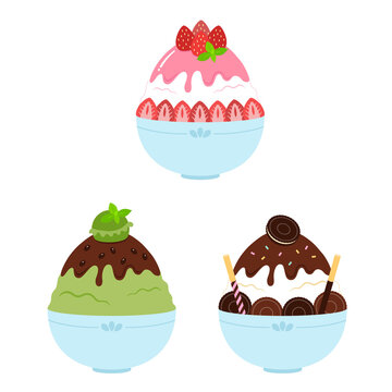 Korean Bingsu Summer Dessert with Strawberry, Matcha, Green Tea, Oreo Cookies, Chocolate, Fresh Fruit and Ice Cream
