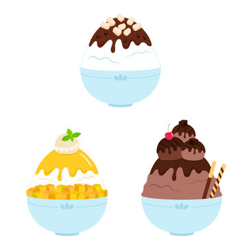Korean Bingsu Summer Dessert with Red Bean, Fresh Fruit, Chocolate, Mango, Cherry, Ice Cream and Injeolmi Rice Cake