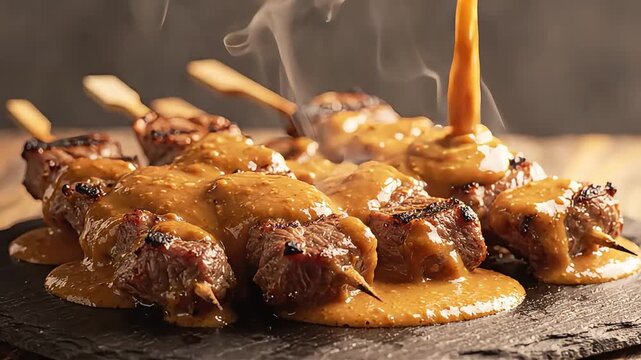 Grilled beef satay skewers drizzled with peanut sauce