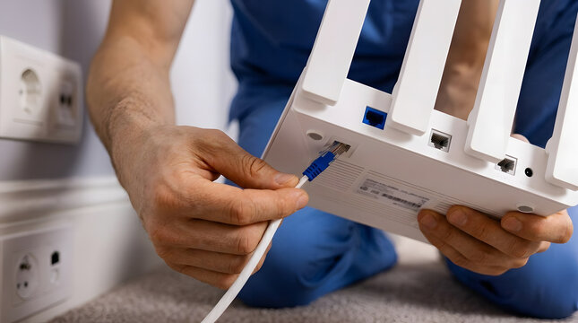 Technician Hands Connecting Blue Ethernet Cable to White Wi-Fi Router | Close Up of IT Specialist Setting Up Wireless Router LAN Connection | Installing Internet Ethernet Cable into Home Wi-Fi Router 