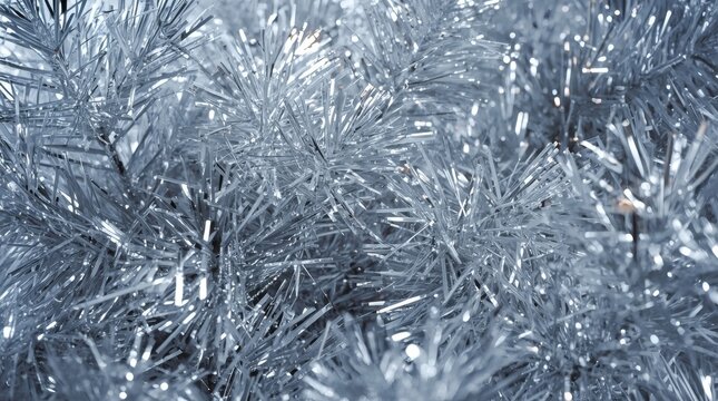 Close-up of shimmering silver tinsel strands creating a festive and sparkly background