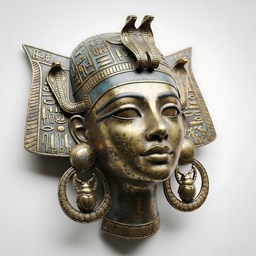 Ancient egyptian golden masked head of a pharaoh or queen with ornate headdress