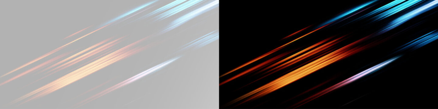 Colorful speed lines with orange and blue light rays, fast glowing streaks, bright motion trails, luminous beams and dynamic racing effect
