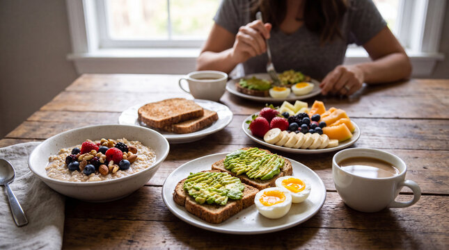 Better Breakfast Month features an overhead shot of healthy oatmeal toast eggs fruit and coffee on wooden table for morning wellness banner