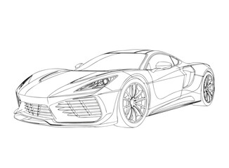 Fototapeta premium Elegant sports car outline illustration isolated on white background in detailed automotive line art style.