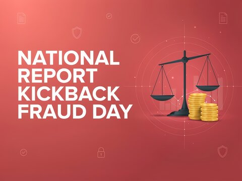National report kickback fraud day text with a scales of justice and gold coins illustration