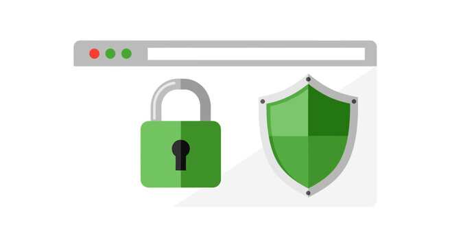 Cybersecurity and Web Protection Illustration: Green Padlock and Shield Icons on Browser Window for Data Privacy and Internet Safety