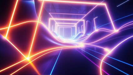 Fototapeta premium Neon lines form tunnel, glowing intensely. Abstract digital art, futuristic design, vibrant colors create depth. Light streaks emphasize movement.