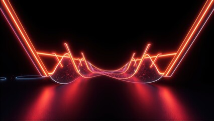 Naklejka premium Abstract neon lights form tunnel. Red glow dominates dark background. Futuristic design evokes energy, motion, depth.