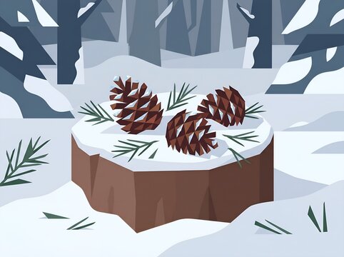 Snowy Pinecones on Tree Stump in Winter Woodland