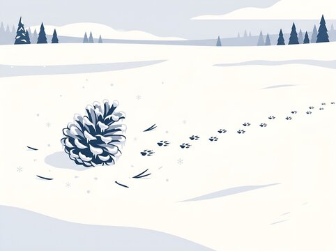 Frosted Pinecone with Animal Footprints in Snow Winter Vector illustration 