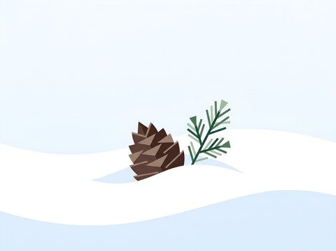 Pinecone in Fresh Snow with Evergreen Twig Winter Vector Illustration