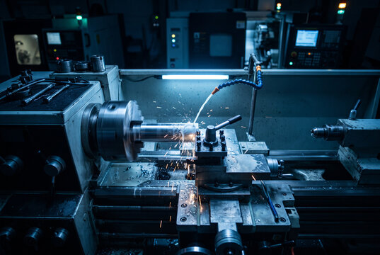 CNC lathe machine cutting metal cylinder with coolant spray and sparks in industrial workshop