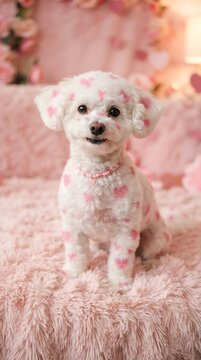 Adorable Small White Dog Sitting on Pink Plush Surface.