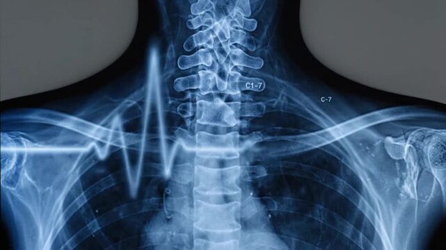 Close up X ray of human cervical spine clavicle and shoulder joints medical imaging