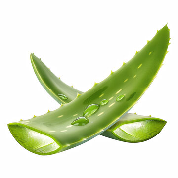 Fresh Cut Aloe Vera Leaves with Gel Drops Isolated on Transparent Background
