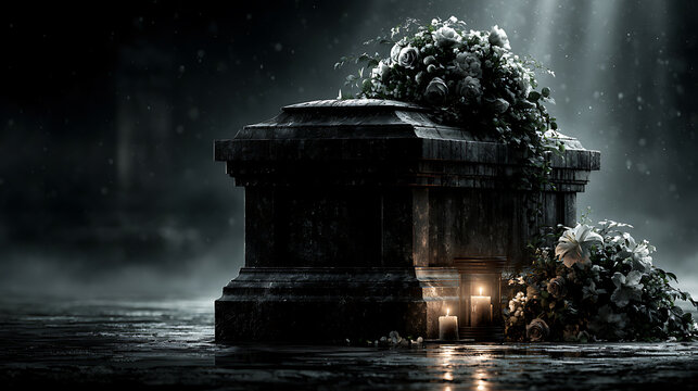 Stone tomb adorned with white roses and lit candles creates a somber scene