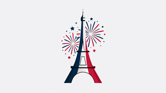Minimalist Eiffel Tower Illustration with Fireworks in French Flag Colors