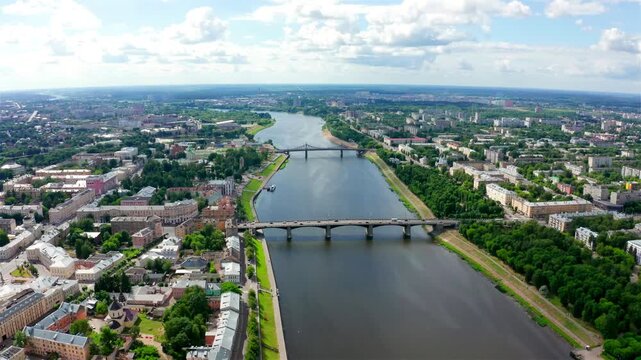 Panorama of the city of Tver, Russia. Drone footage. Volga River, Old Bridge. Drone footage