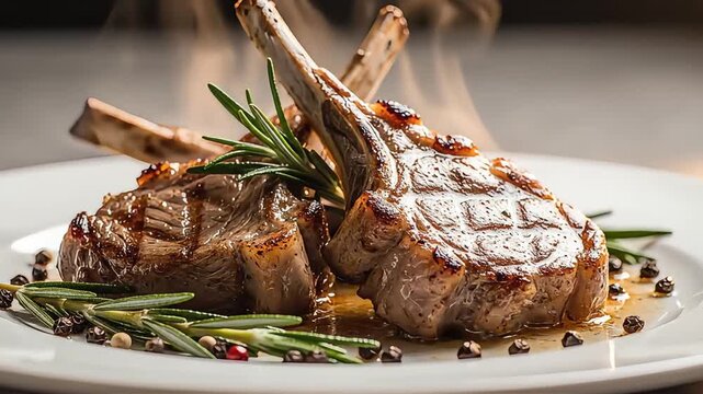 Grilled lamb chops with steam rising close up