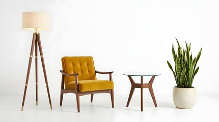 Fototapeta premium Stylish mid-century modern interior with a mustard yellow velvet armchair, a dark wood tripod floor lamp with brass accents, a minimalist glass side table, and a potted snake plant, bright white studi