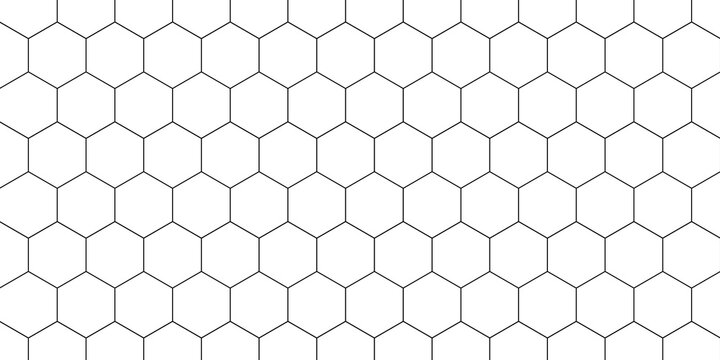 Seamless pattern with outline hexagon grid. Honeycomb net backdrop. Abstract background with geometric line grille. Black hexagon mesh, vector illustration