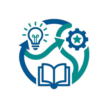 A creative icon showing a lightbulb, a gear and an open book