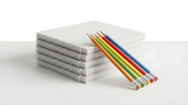 Stack of blank spiral notebooks with colorful pencils isolated on white background