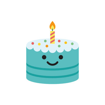A cute blue birthday cake with a single lit candle