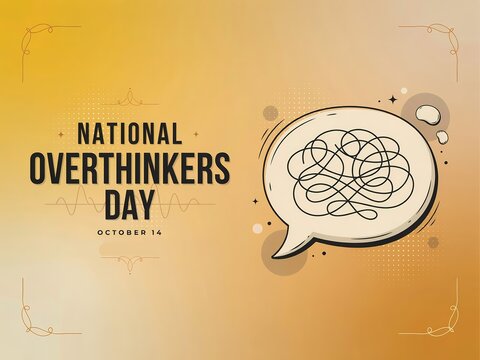 National overthinkers day celebration poster with a messy tangled thought bubble on yellow background