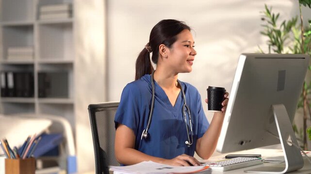 Doctor Taking a Coffee Break: A female medical professional, wearing scrubs and a stethoscope, sips coffee while working at her computer in a brightly lit office, a moment of calm amidst a busy day.