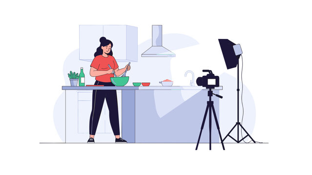 Creative female chef cooking food in her modern kitchen while recording a video blog with professional camera and light.