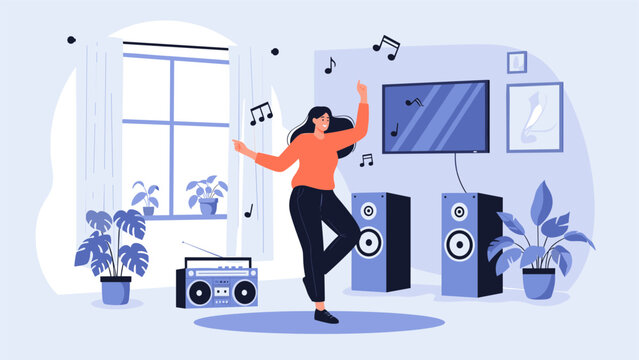 Happy energetic woman dancing alone and listening to music in a cozy living room with large sound speakers and radio.