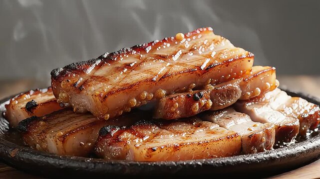 Grilled pork belly slices sizzling on a pan