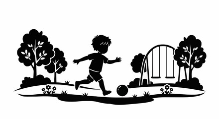 black silhouette illustration of a boy playing soccer in a park