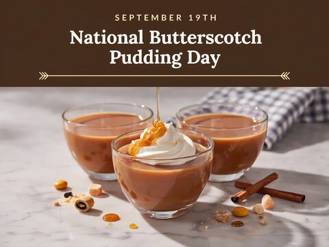 National butterscotch pudding day celebration with sweet creamy cups and whipped cream topping