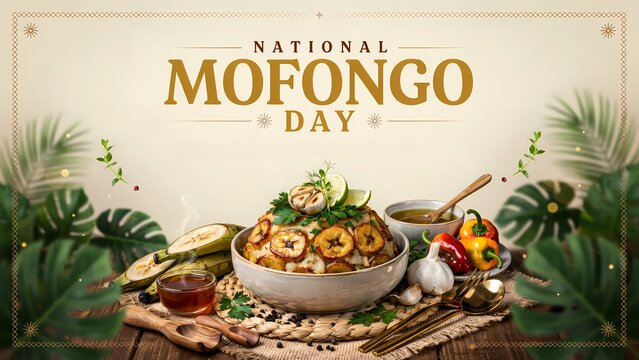 National mofongo day celebration banner with delicious traditional fried plantain dish in a bowl