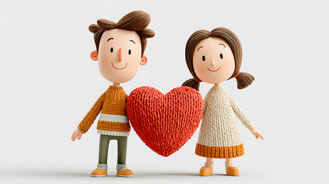 Couple holding a red heart a three dimensional rendering