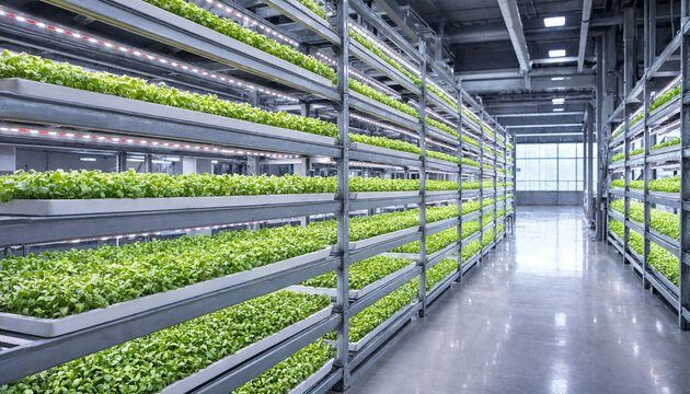 Modern indoor vertical farming facility with rows of multi tier hydroponic racks growing green lettuce under led lighting hydroponics vertical agriculture greenhouse facility technology