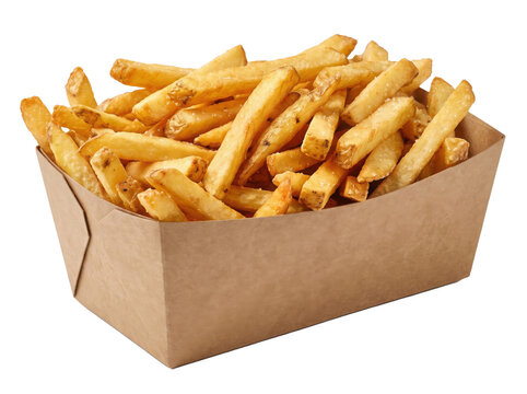 Portion of crispy golden French fries in a brown paper takeout box, isolated on transparent background