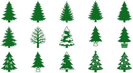 Fototapeta premium Collection of pine and coniferous tree vector illustrations featuring various holiday decorations and winter styles for seasonal graphic design projects
