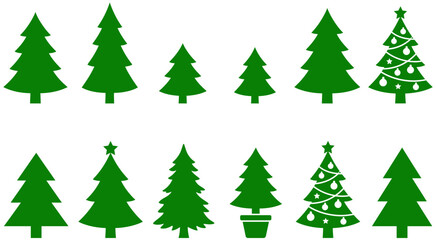 Obraz premium Decorative green christmas tree collection featuring various minimalist evergreen shapes and pine styles for festive holiday graphic design vector projects