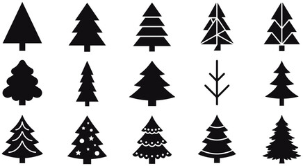 Obraz premium Pine tree silhouette vector collection featuring diverse minimalist evergreen shapes for festive seasonal holiday graphic design projects and winter branding icons