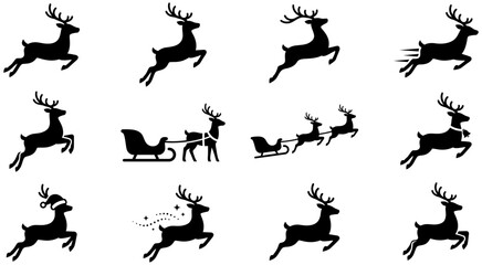 Festive reindeer silhouette collection featuring jumping animals and flying sleighs depicted in a clean flat black vector graphic art style © GFX
