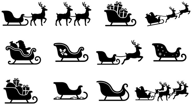 Santa sleigh silhouette vector collection featuring various christmas reindeer designs and gift packages for seasonal holiday celebration graphic design projects