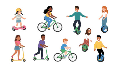 Diverse Group of People Riding Eco Friendly Eco Vehicles Including Bicycles, Kick Scooters, Hoverboards, and Electric Unicycles Cartoon Vector Character Set © ROJINA